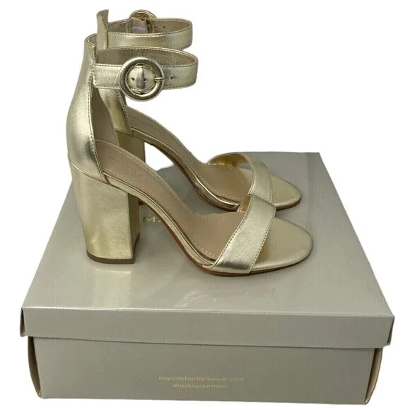 NEW Marc Fisher Magali Heel Size 5.5 M Leather Open Toe Shoe Ankle Strap Gold - Picture 1 of 12